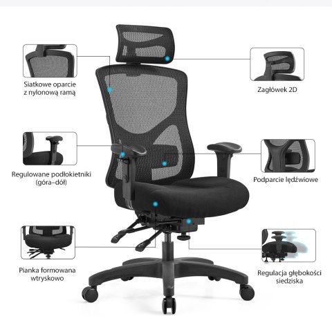 FOTEL BIUROWY VERTO, ERGONOMICZNY, ZAGŁÓWEK, WYGODNY, BUJANY, SIATKA