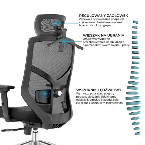 FOTEL BIUROWY ERGONOMICZNY SEDIA, DO SALONU, CZARNY, WYGODNY, Z SIATKĄ, BHP