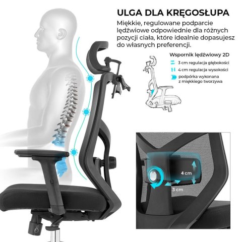 FOTEL BIUROWY ERGONOMICZNY SEDIA, DO SALONU, CZARNY, WYGODNY, Z SIATKĄ, BHP