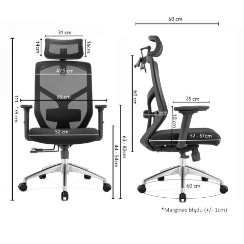 FOTEL BIUROWY ERGONOMICZNY SEDIA, DO SALONU, CZARNY, WYGODNY, Z SIATKĄ, BHP