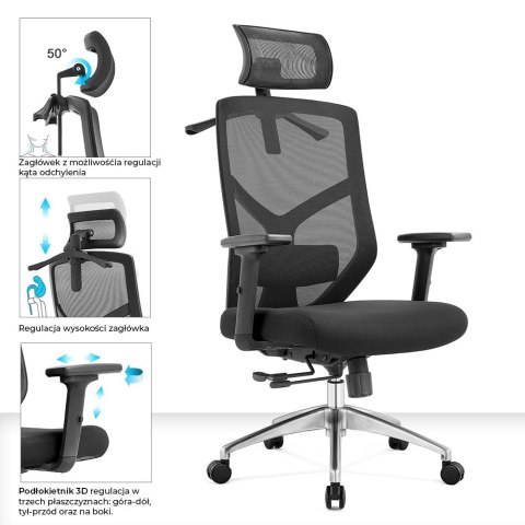 FOTEL BIUROWY ERGONOMICZNY SEDIA, OBROTOWY, DO BIURKA, WYGODNY, CZARNY