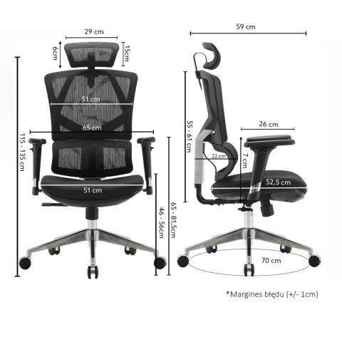 FOTEL BIUROWY ERGONOMIX, WYGODNY, CZARNY, DO BIURA, ZAGŁÓWEK 3D, BUJANY