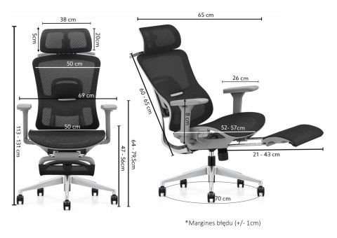 FOTEL ERGONOMICA, WYGODNY, SZARY, ROZKŁADANY, DO KOMPUTERA, Z PODNÓŻKIEM