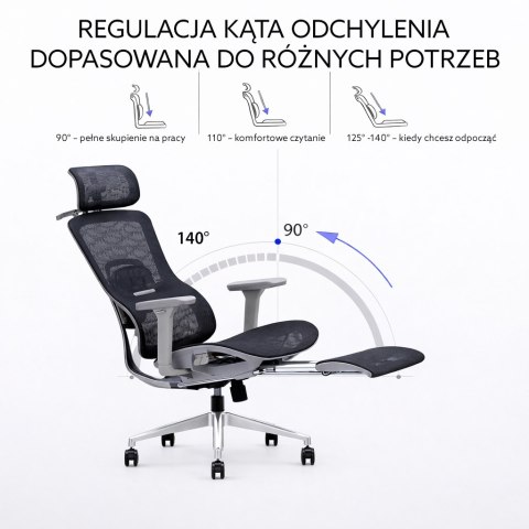 FOTEL ERGONOMICA, WYGODNY, SZARY, ROZKŁADANY, DO KOMPUTERA, Z PODNÓŻKIEM