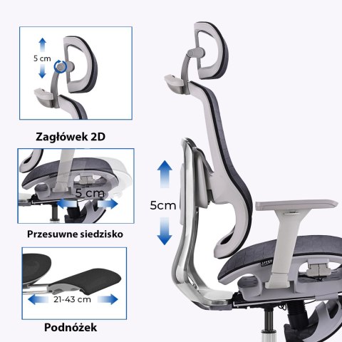 FOTEL ERGONOMICA, WYGODNY, SZARY, ROZKŁADANY, DO KOMPUTERA, Z PODNÓŻKIEM