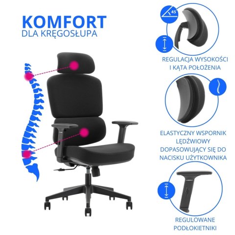 FOTEL BIUROWY ERGOFLEX, ERGONOMICZNY, CZARNY, WYGODNY, DO BIURA, Z BHP