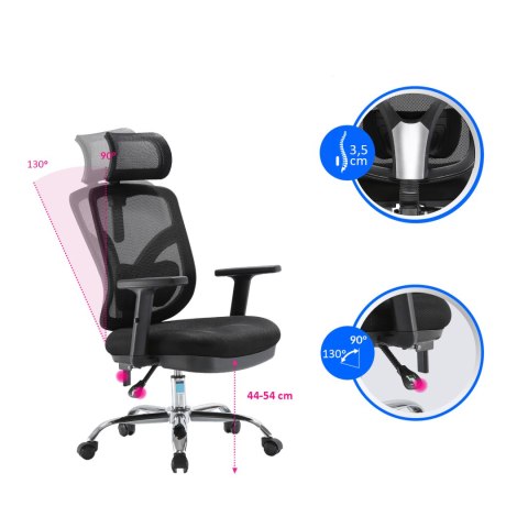 FOTEL BIUROWY ERGONOMICZNY APEXWORK, CZARNY, WYGODNY, DO BIURA, ZAGŁÓWEK