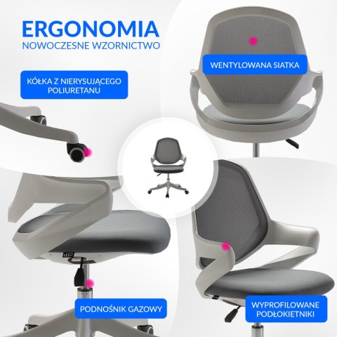 KRZESŁO BIUROWE AERIS, OBROTOWE, NOWOCZESNE, SZARE, DO SALONU, BIURA