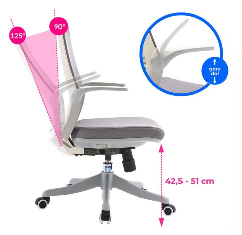 FOTEL BIUROWY VELLUTO, SZARY, WYGODNY, DO BIURA, SIATKA, ERGONOMICZNY