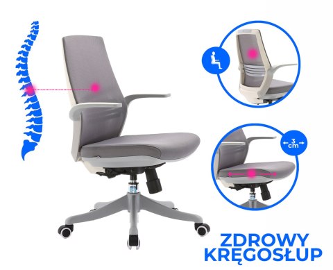 FOTEL BIUROWY VELLUTO, SZARY, WYGODNY, DO BIURA, SIATKA, ERGONOMICZNY