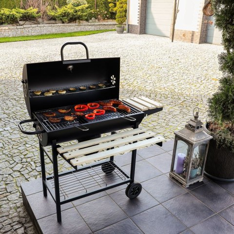 Duży zamykany grill węglowy ogrodowy na kółkach z półkami i paleniskiem