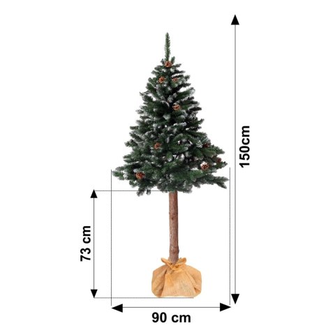 Choinka sztuczna na pniu 150 cm sosna diamentowa z szyszkami ośnieżona