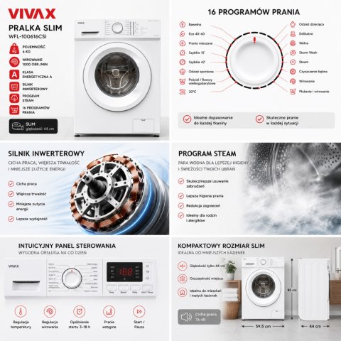 Pralka Automatyczna Slim Vivax 6 kg 1000 obr./min. 16 programów Drum Clean