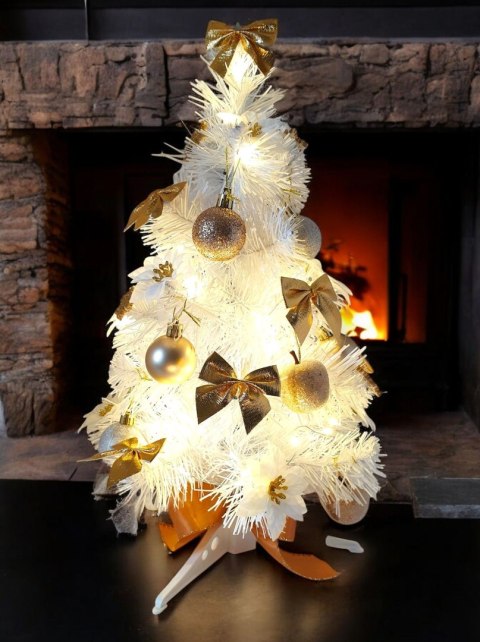 CHOINKA UBRANA BELLISSIMA, 40CM, BIAŁO ZŁOTA, LED, STROIK, PREZENT, GOTOWA
