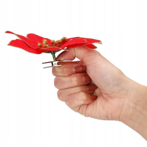 Gwiazda betlejemska POISENCJA 15 cm czerwona + brokat dekoracja z klipsem