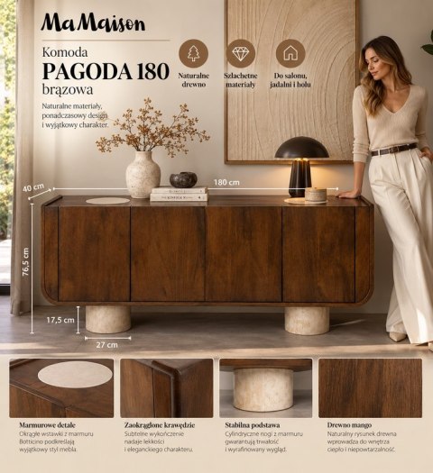 KOMODA PAGODA MARMO 180 CM, DREWNO MANGO, MARMUR, BRĄZOWA, LOFT, DO SALONU