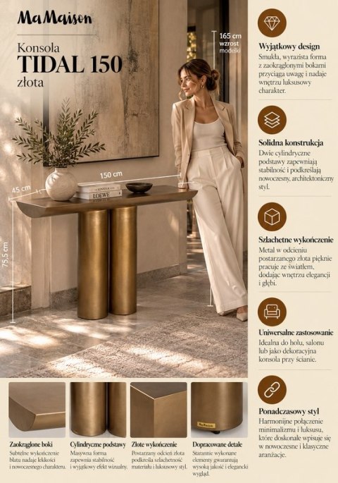 KONSOLA AURELIO, STOLIK, ZŁOTA, 150 CM, LOFT, DO SALONU, METALOWA, STÓŁ