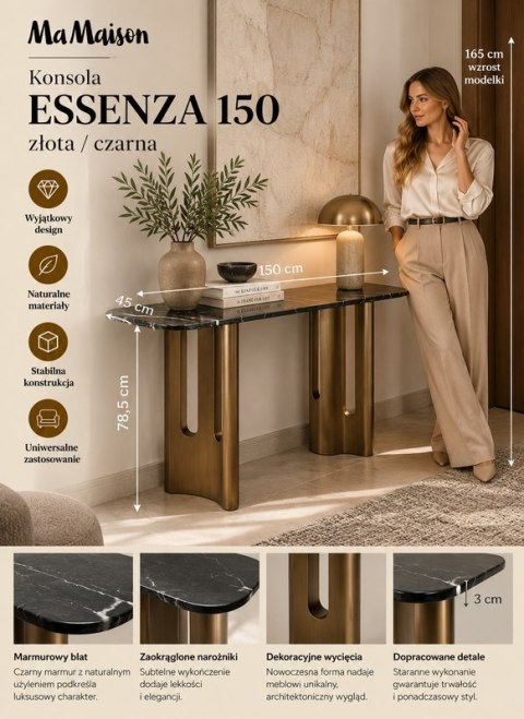 KONSOLA LUSSUOSO, STÓŁ, CZARNY, 150 CM, LOFT, DO SALONU, STOLIK, ZŁOTA