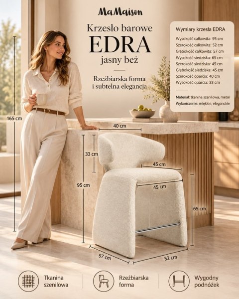 KRZESŁO BAROWE HOKER VELORA, BEŻOWE, SZENILOWE, DESIGN, DO WYSPY KUCHENNEJ