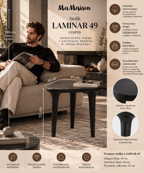 MAŁY CZARNY STOLIK KAWOWY LISBONA, TRÓJKĄTNY, LITE DREWNO, DO SALONU, 50 CM