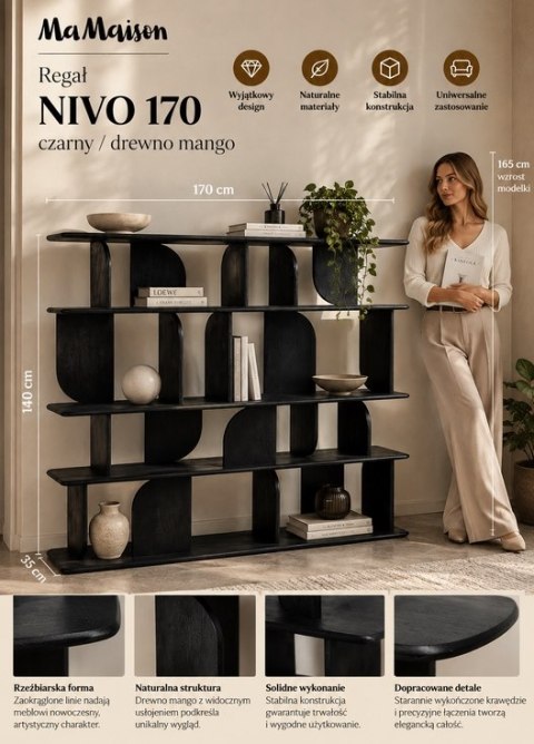 REGAŁ NA KSIĄŻKI ARCUS, DO SALONU, CZARNY, LOFT, OTWARTY, PÓŁKA, 170 CM