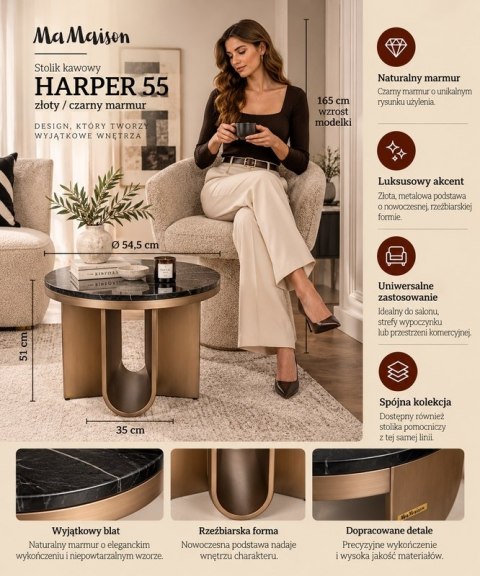 STOLIK KAWOWY LAWA LUSSO 55, OKRĄGŁY, CZARNY MARMUR, ZŁOTY, LOFT, DO SALONU