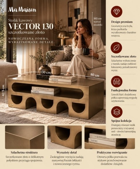 STOLIK KAWOWY LAWA ORORE, STÓŁ DO SALONU, LOFT, ZŁOTY SZCZOTKOWANY, 130 CM