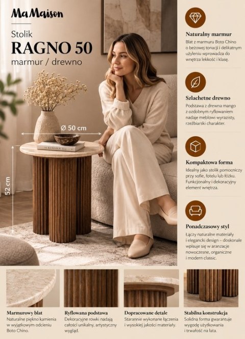STOLIK KAWOWY SERENO, OKRĄGŁY, MARMUR, DREWNO MANGO, ŁAWA, DO SALONU, LOFT