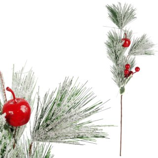 SZTUCZNA GAŁĄZKA SOSNOWA Z OŚNIEŻONYM IGLIWIEM I CZERWONYMI JAGODAMI 56 CM