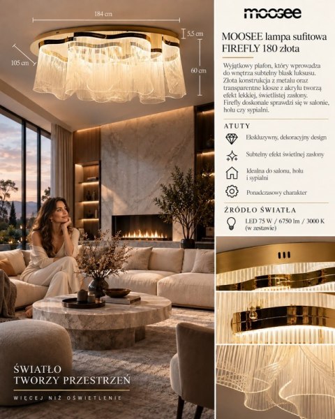 LAMPA SUFITOWA, PLAFON AURELIA, ZŁOTA, LED, NOWOCZESNA, 180CM, DO SALONU