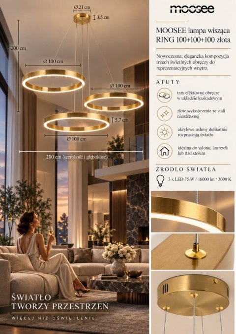LAMPA WISZĄCA AURAE, RING ZŁOTA, 3X100CM, LED, NOWOCZESNA, SALON, ŻYRANDOL
