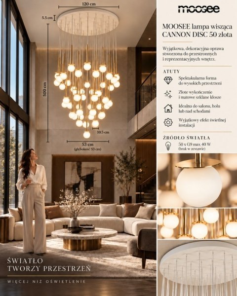 LAMPA WISZĄCA LUMINARA, ZŁOTA, ŻYRANDOL, 50XG9, SALON, HOL, SCHODY, MOOSEE