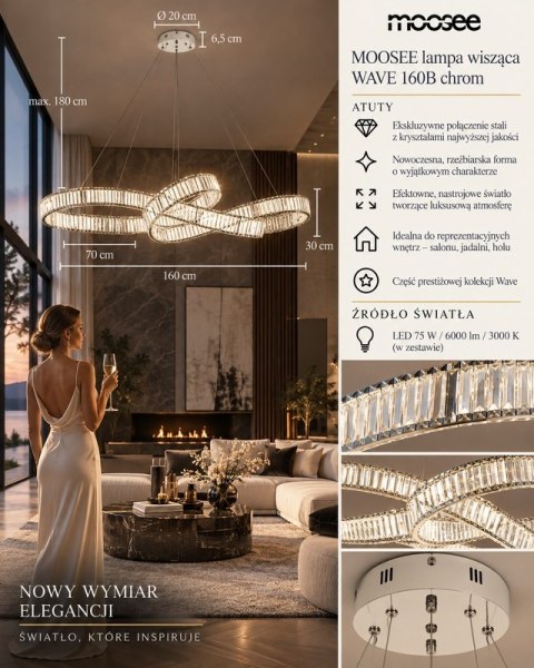 LAMPA WISZĄCA MOOSEE CRISTALLO 160B, CHROM, KRYSZTAŁOWA, LED, 160CM, SALON