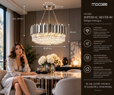 LAMPA WISZĄCA SPLENDORE, SREBRNA, STAL SZCZOTKOWANA, KRYSZTAŁY, GLAMOUR