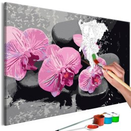 Obraz do samodzielnego malowania - Orchidea i kamienie  (czarne tło)