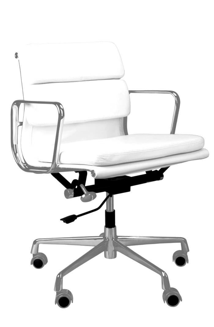 Fotel biurowy, niskie oparcie, biała skóra, chrom