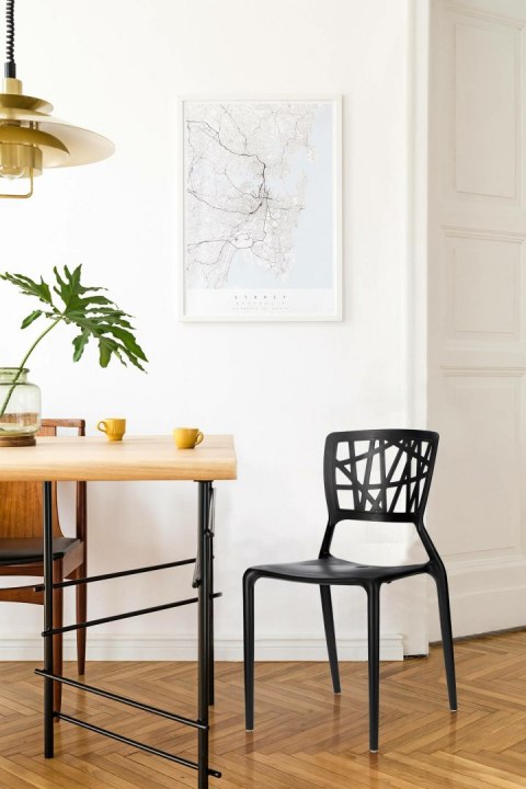 NOWOCZESNE CZARNE KRZESŁO LOFT, DO KUCHNI, AŻUROWE OPARCIE, WYTRZYMAŁE