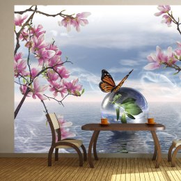 Fototapeta - Motyl, woda i kwiaty, 3D