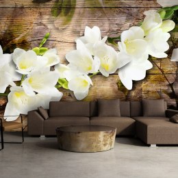 Fototapeta - Drewno i białe kwiaty
