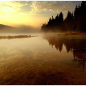 Fototapeta - Las, jezioro, zachód, mgła