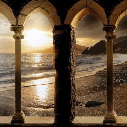 Fototapeta - Zamek na plaży, 3D skały